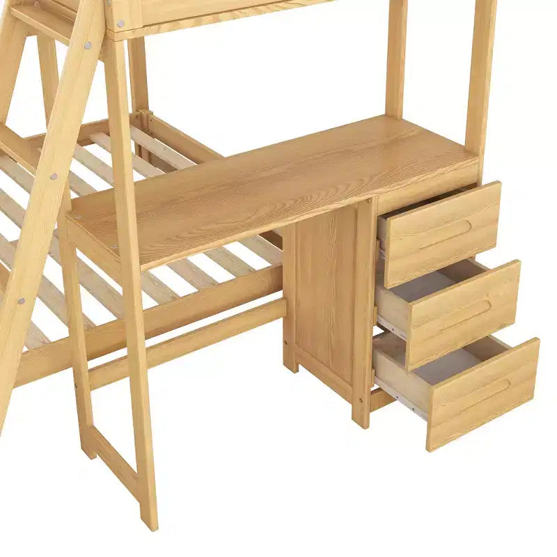 Bellemave Letto a castello singolo sopra piazza e mezzo, letto a castello in legno con scrivania, letto a castello singolo sopra piazza e mezzo con 3 cassetti, letto a soppalco con scrivania per bambini e adulti, Naturale