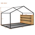 Bellemave Letto a pavimento Montessori con ripiano portaoggetti e luci LED, letto per bambini a forma di casetta in metallo, nero, misura full-size