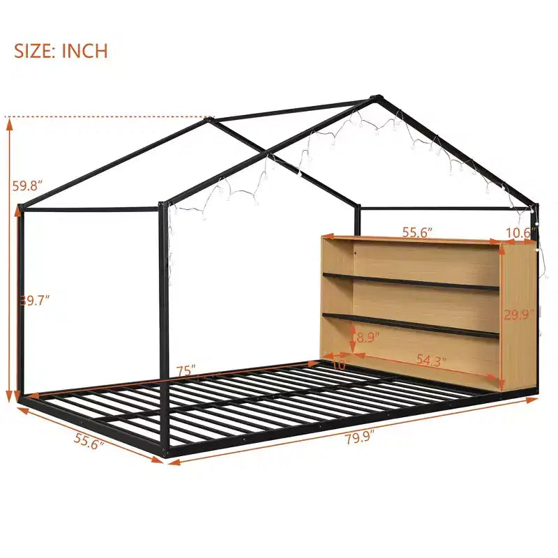Bellemave Letto a pavimento Montessori con ripiano portaoggetti e luci LED, letto per bambini a forma di casetta in metallo, nero, misura full-size