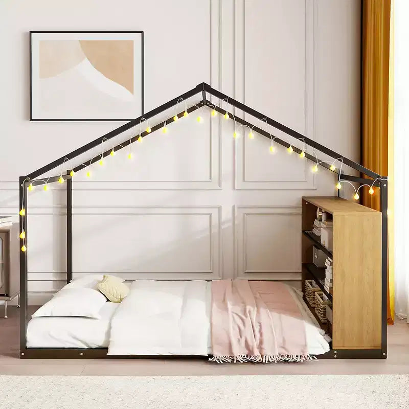 Bellemave Letto a pavimento Montessori con ripiano portaoggetti e luci LED, letto per bambini a forma di casetta in metallo, nero, misura full-size