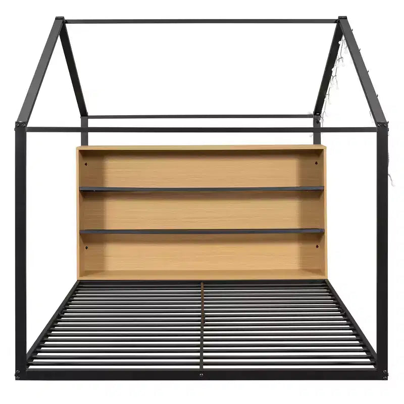Bellemave Letto a pavimento Montessori con ripiano portaoggetti e luci LED, letto per bambini a forma di casetta in metallo, nero, misura full-size