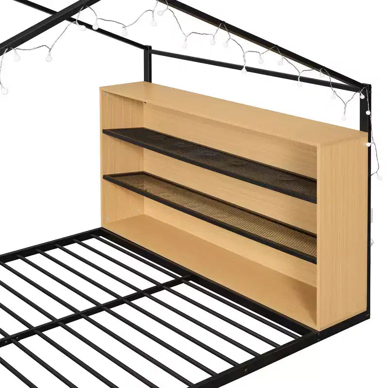 Bellemave Letto a pavimento Montessori con ripiano portaoggetti e luci LED, letto per bambini a forma di casetta in metallo, nero, misura full-size