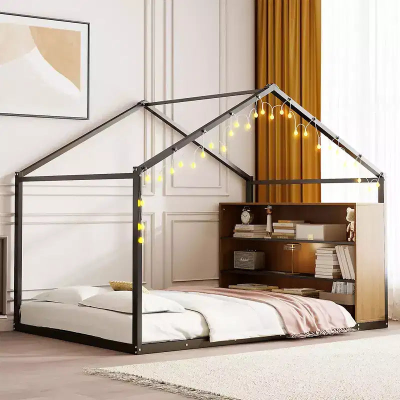 Bellemave Letto a pavimento Montessori con ripiano portaoggetti e luci LED, letto per bambini a forma di casetta in metallo, nero, misura full-size