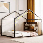 Bellemave Letto a pavimento Montessori con ripiano portaoggetti e luci LED, letto per bambini a forma di casetta in metallo, nero, misura full-size