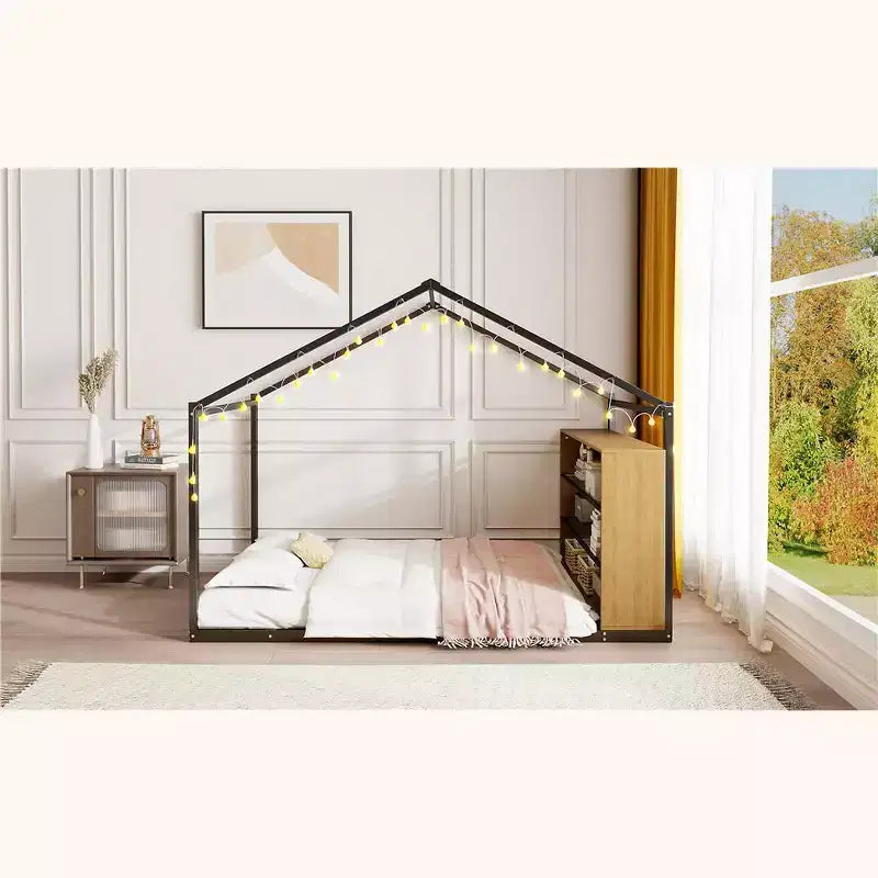 Bellemave Letto a pavimento Montessori con ripiano portaoggetti e luci LED, letto per bambini a forma di casetta in metallo, nero, misura full-size