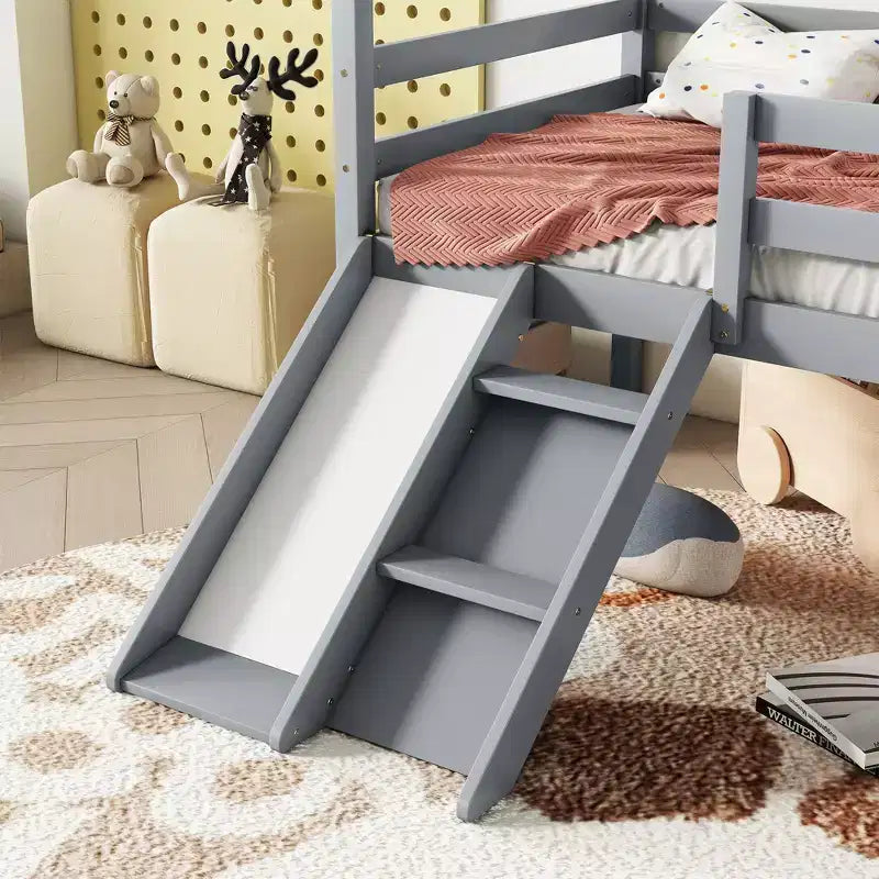 Bellemave Letto a soppalco singolo con scivolo e scaletta, letto a soppalco a forma di casetta per bambini, letto a soppalco in legno, per bambini e bambine, grigio