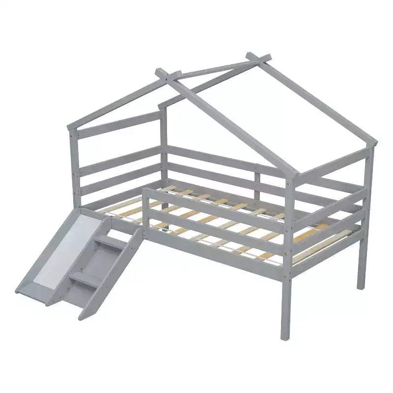 Bellemave Letto a soppalco singolo con scivolo e scaletta, letto a soppalco a forma di casetta per bambini, letto a soppalco in legno, per bambini e bambine, grigio