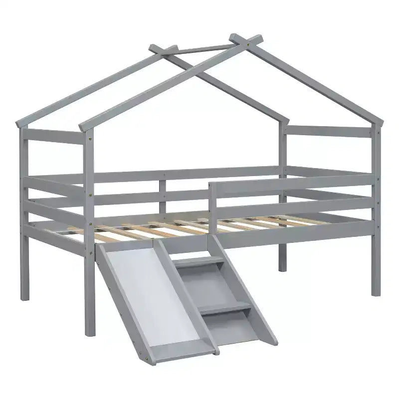 Bellemave Letto a soppalco singolo con scivolo e scaletta, letto a soppalco a forma di casetta per bambini, letto a soppalco in legno, per bambini e bambine, grigio