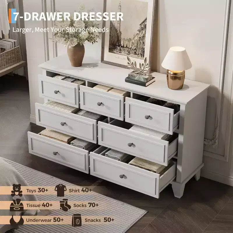 Cassettiera a 7 cassetti per camera da letto, comò in legno da 47W con maniglie in metallo, cassettiera grande per TV, organizer per vestiti per camera da letto