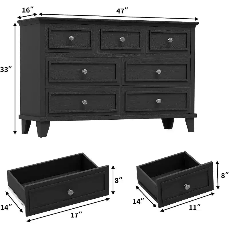 Cassettiera a 7 cassetti per camera da letto, comò in legno da 47W con maniglie in metallo, cassettiera grande per TV, organizer per vestiti per camera da letto