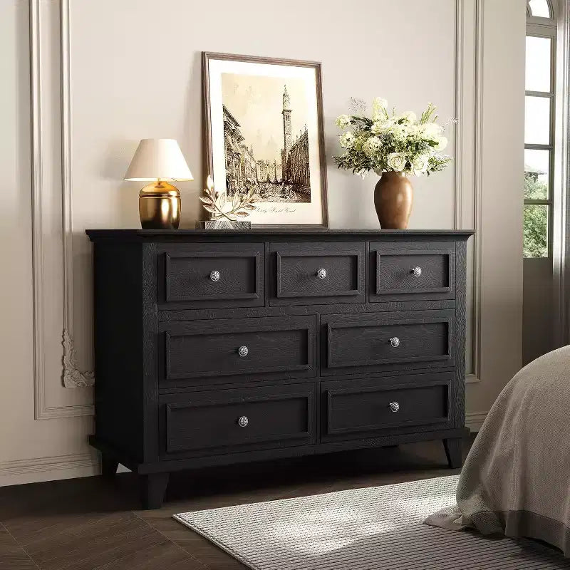 Cassettiera a 7 cassetti per camera da letto, comò in legno da 47W con maniglie in metallo, cassettiera grande per TV, organizer per vestiti per camera da letto