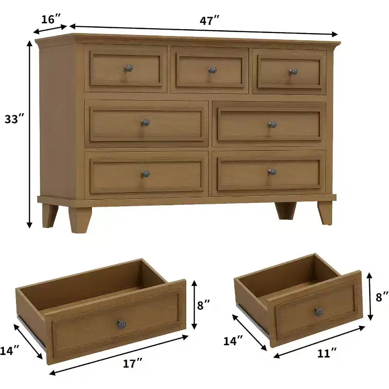 Cassettiera a 7 cassetti per camera da letto, comò in legno da 47W con maniglie in metallo, cassettiera grande per TV, organizer per vestiti per camera da letto