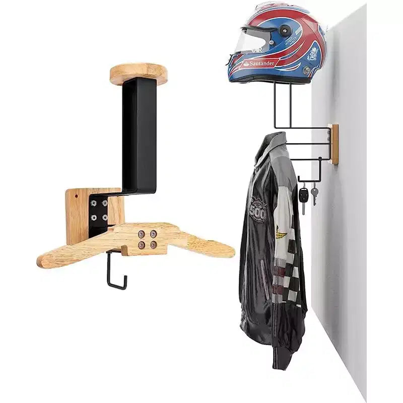 Supporto per casco, porta casco da moto - Mensola a muro in legno massiccio e ferro con gancio, massimo 40 kg per attrezzatura tattica/caschi da corsa