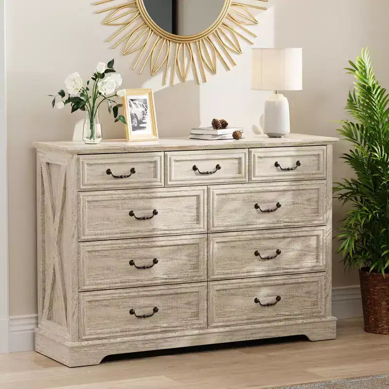 Dyonery rural-style drawer storage cabinet features drawers of different sizes for layered storage, suitable for both bedrooms and living rooms