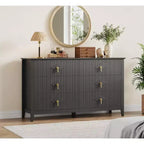 Commode à 6 tiroirs extra large de 137 cm avec panneaux cannelés Meuble de rangement moderne Meuble TV finition chêne, pour chambre, salon, couloir