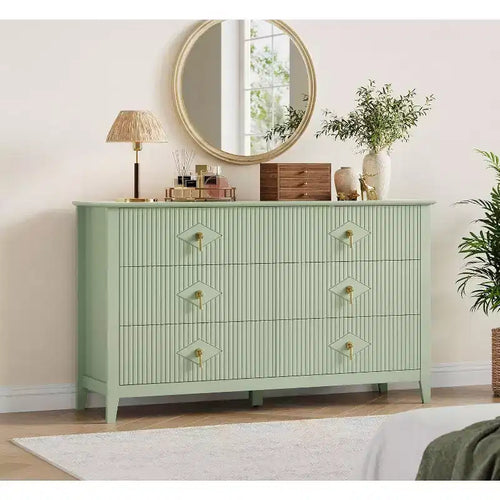 Commode à 6 tiroirs extra large de 137 cm avec panneaux cannelés Meuble de rangement moderne Meuble TV finition chêne, pour chambre, salon, couloir