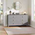 Commode à 6 tiroirs extra large de 137 cm avec panneaux cannelés Meuble de rangement moderne Meuble TV finition chêne, pour chambre, salon, couloir