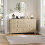 Commode à 6 tiroirs extra large de 137 cm avec panneaux cannelés Meuble de rangement moderne Meuble TV finition chêne, pour chambre, salon, couloir