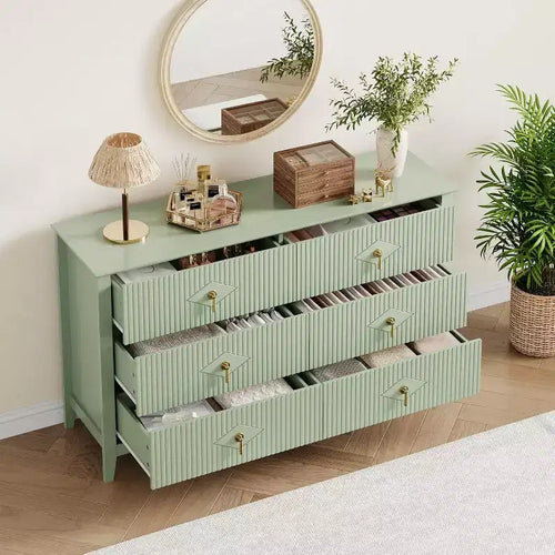 54 Extra Wide 6 Drawer Dresser with Fluted Panels Modern Chest of Drawers TV Stand Oak Finish, for Bedroom, Living Room, Hallway