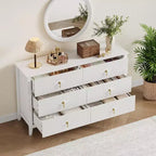 Commode à 6 tiroirs extra large de 137 cm avec panneaux cannelés Meuble de rangement moderne Meuble TV finition chêne, pour chambre, salon, couloir