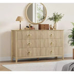 Commode à 6 tiroirs extra large de 137 cm avec panneaux cannelés Meuble de rangement moderne Meuble TV finition chêne, pour chambre, salon, couloir