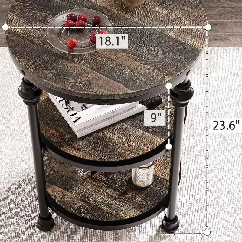 Tavolino rotondo COZONY con ripiani portaoggetti, tavolino laterale rustico in stile rustico a 3 livelli con gambe in metallo, comodino d'accento per soggiorno e camera da letto