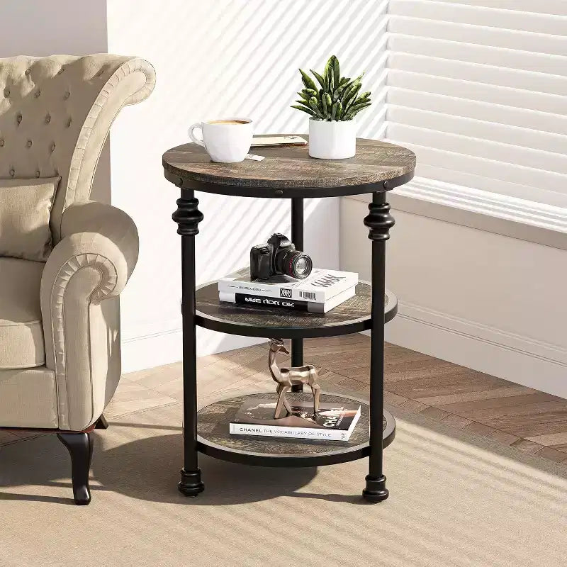 COZONY Round End Table with Storage Shelves, 3-Tier Rustic Farmhouse Side Table with Metal Legs, Accent Nightstand for Living Room Bedroom