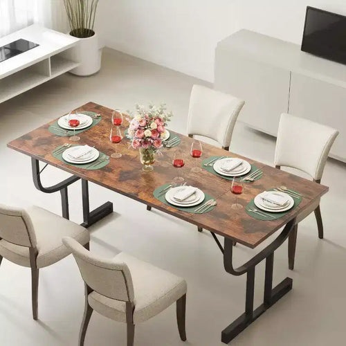 70.9in Rectangular Dining Table for 4-6 People, Heavy Metal Wine Glass Shaped Leg, Wear-Resistant Thickened Wooden Table Top For Kitchen Office Desk