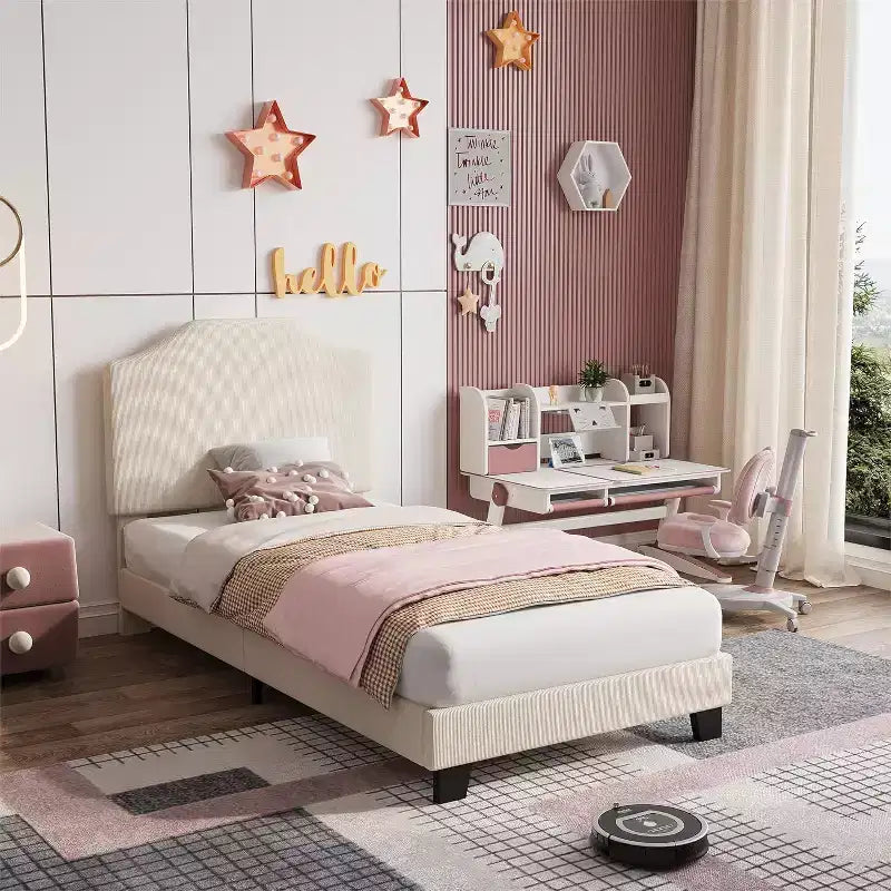 Struttura Letto a Piattaforma Matrimoniale con Testiera Imbottita in Velluto, Doghe in Legno e Supporto in Metallo, Basso Profilo, Silenzioso, Rosa/Bianco