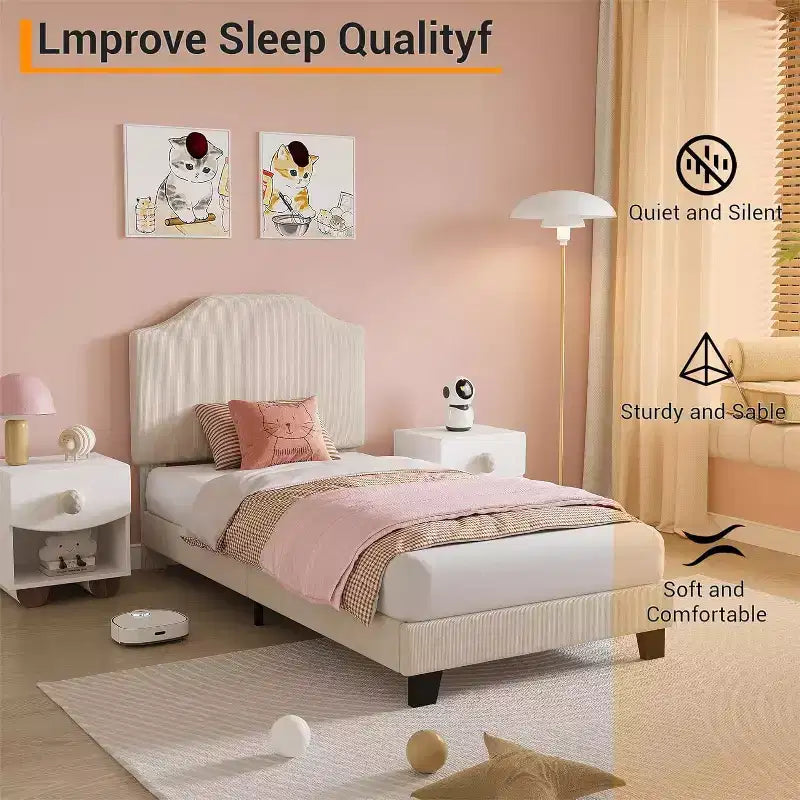 Struttura Letto a Piattaforma Matrimoniale con Testiera Imbottita in Velluto, Doghe in Legno e Supporto in Metallo, Basso Profilo, Silenzioso, Rosa/Bianco