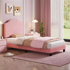 Struttura Letto a Piattaforma Matrimoniale con Testiera Imbottita in Velluto, Doghe in Legno e Supporto in Metallo, Basso Profilo, Silenzioso, Rosa/Bianco