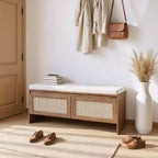 Panca contenitore Homy Casa con pannello in rattan intrecciato, sedile imbottito e ante a cerniera, rovere naturale