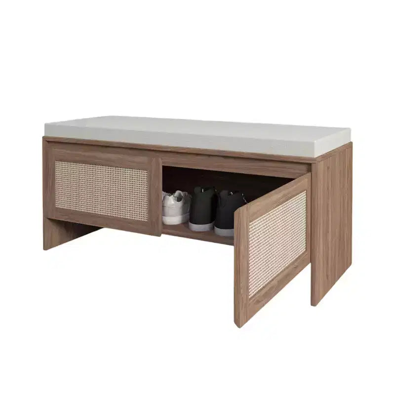 Panca contenitore Homy Casa con pannello in rattan intrecciato, sedile imbottito e ante a cerniera, rovere naturale