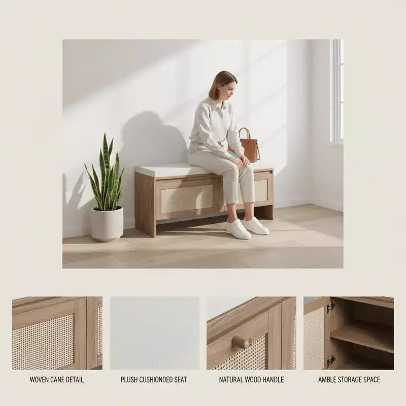Panca contenitore Homy Casa con pannello in rattan intrecciato, sedile imbottito e ante a cerniera, rovere naturale