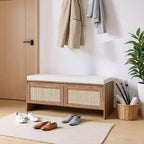 Panca contenitore Homy Casa con pannello in rattan intrecciato, sedile imbottito e ante a cerniera, rovere naturale