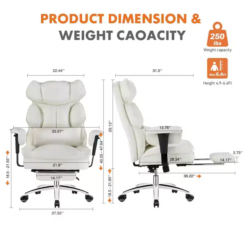 MAYEERTY Sedia Direzionale Ergonomica Schienale Alto Poggiapiedi Supporto Lombare Pelle PU Bianca