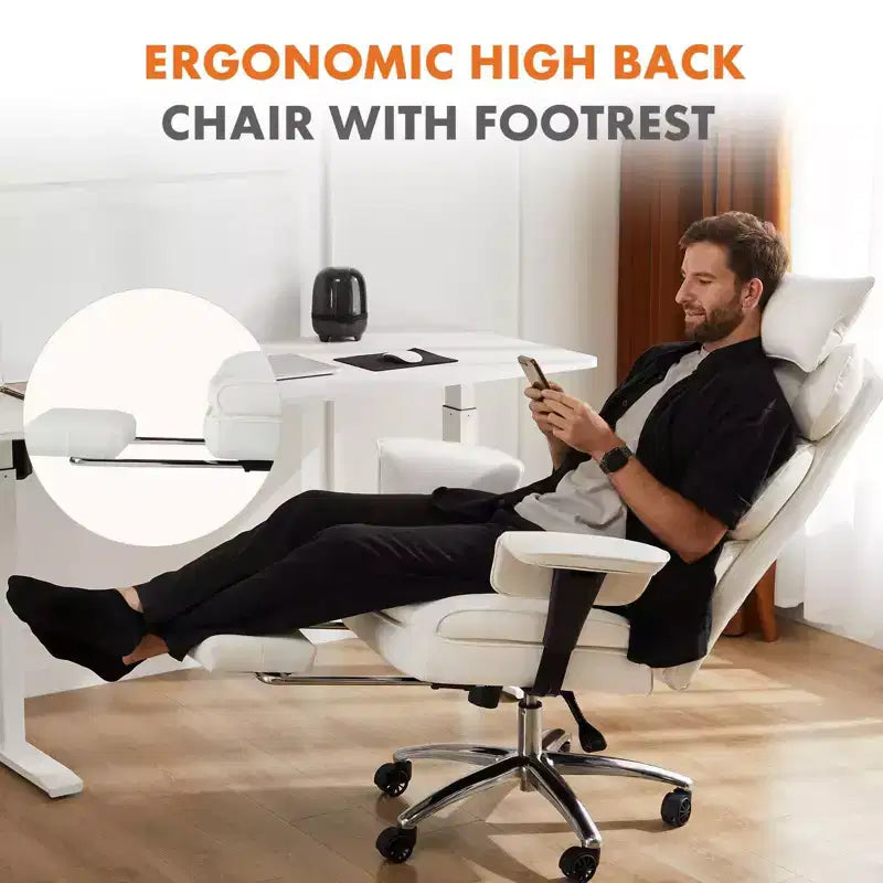 MAYEERTY Sedia Direzionale Ergonomica Schienale Alto Poggiapiedi Supporto Lombare Pelle PU Bianca