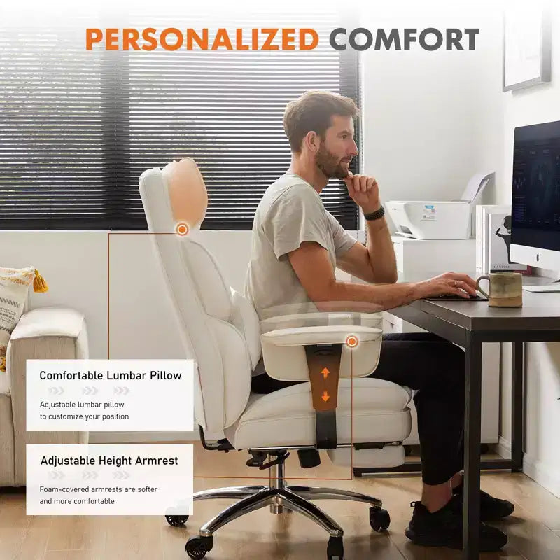 MAYEERTY Sedia Direzionale Ergonomica Schienale Alto Poggiapiedi Supporto Lombare Pelle PU Bianca