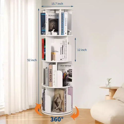 Bibliothèque tournante en bois à 4 niveaux, étagère sur pied à 360° et organiseur de rangement multifonctionnel pour salon, enfants et adultes