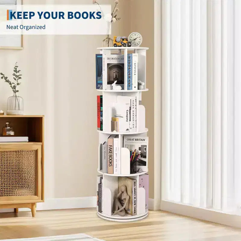Libreria rotante in legno a 4 livelli, scaffale da pavimento a 360° e organizer multifunzionale per soggiorno, bambini e adulti