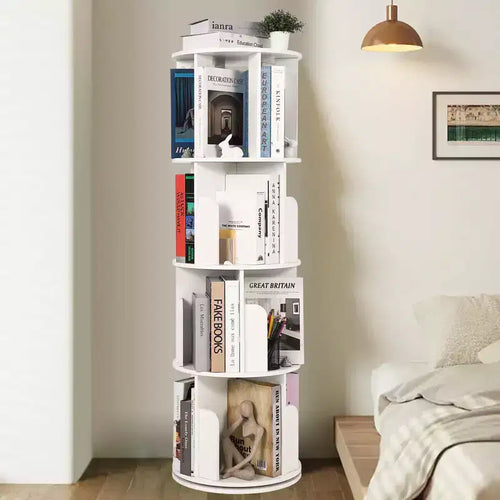 4 Tier Wooden Rotating Bookshelf, 360 Floor-Standing Bookcase and Multi-Functional Storage Organizer for Living Room, Kids, and Adults