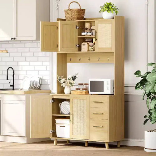 71 Kitchen Rattan Pantry Cabinet,with Microwave Stand, Freestanding Hutch with Drawers, Doors and Hooks for Kitchen Dining Room