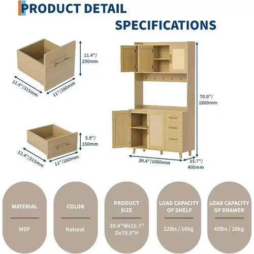 Credenza da cucina in rattan da 71 pollici, con supporto per microonde, dispensa autoportante con cassetti, ante e ganci per sala da pranzo