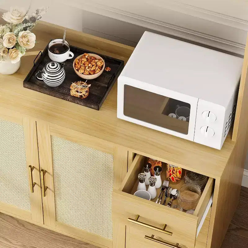 Credenza da cucina in rattan da 71 pollici, con supporto per microonde, dispensa autoportante con cassetti, ante e ganci per sala da pranzo