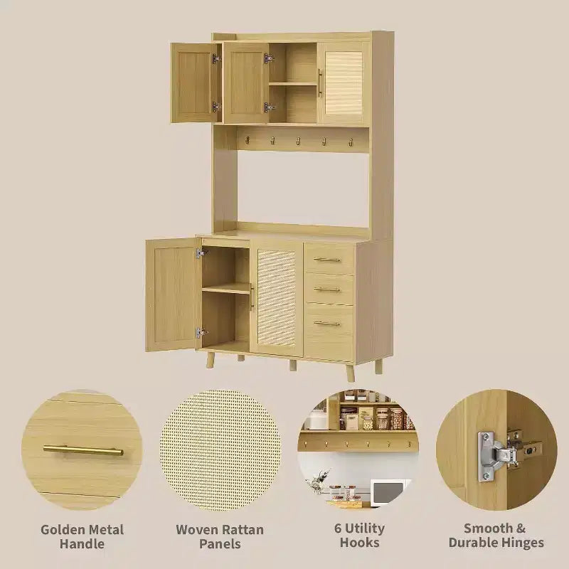 Credenza da cucina in rattan da 71 pollici, con supporto per microonde, dispensa autoportante con cassetti, ante e ganci per sala da pranzo