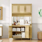 Credenza da cucina in rattan da 71 pollici, con supporto per microonde, dispensa autoportante con cassetti, ante e ganci per sala da pranzo