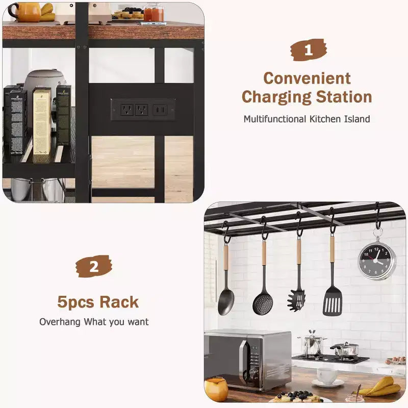 Isola Cucina, Isola Cucina 47" con Contenitore e Sedute - Scaffale per Forno a Microonde a 3 Livelli (5 Ganci) Tavolo Multifunzione per Cucine Piccole