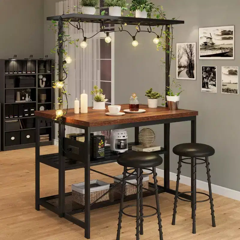 Isola Cucina, Isola Cucina 47" con Contenitore e Sedute - Scaffale per Forno a Microonde a 3 Livelli (5 Ganci) Tavolo Multifunzione per Cucine Piccole
