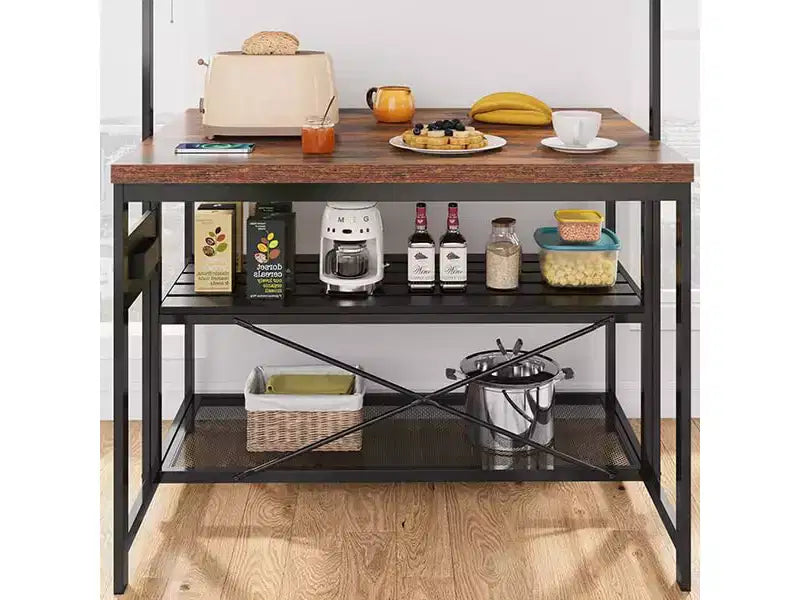 Isola Cucina, Isola Cucina 47" con Contenitore e Sedute - Scaffale per Forno a Microonde a 3 Livelli (5 Ganci) Tavolo Multifunzione per Cucine Piccole