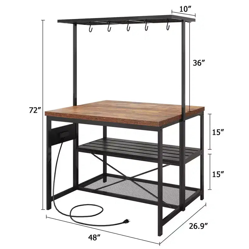 Isola Cucina, Isola Cucina 47" con Contenitore e Sedute - Scaffale per Forno a Microonde a 3 Livelli (5 Ganci) Tavolo Multifunzione per Cucine Piccole